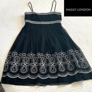 Maggie London Sheer Black Silk Silver Embroidery Empire Waist Dress Size 10